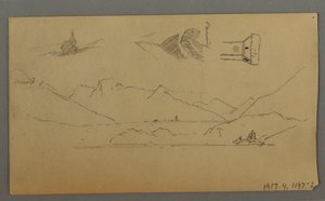 Tegning, middelalderborg, to tårne, figurstudier, nær Thun, muligvis 1868 af Frederic Edwin Church