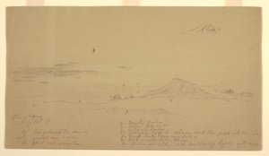 Tegning, Chimborazo-bjerget ved solnedgang, 1857 af Frederic Edwin Church