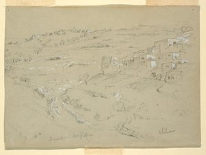 Tegning, Oliebjerget, Betania, Siloam og Jerusalem, Palæstina [Betania og Silwan, Østjerusalem og Jerusalem, Israel], 7. og 10. februar 1868 af Frederic Edwin Church