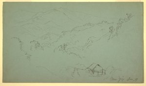 Tegning, bjerglandskab, hus, "nær Jorje", Ecuador, juni 1857 af Frederic Edwin Church