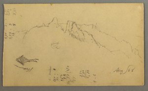 Tegning, bjergtoppe, helligdom i vejkanten, august 1868 af Frederic Edwin Church