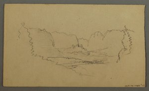 Tegning, bjergtoppe, helligdom i vejkanten, august 1868 af Frederic Edwin Church
