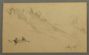 Tegning, Bjergtoppe, to figurer i en robåd, august 1868 af Frederic Edwin Church
