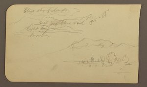 Tegning, bjergkæder, Cuautla, kirke; bagside: Crouching Horse, landskabsnotater, februar 1885 af Frederic Edwin Church