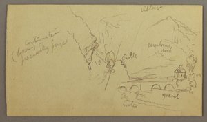 Tegning, bjergdal, bro, bygninger, muligvis 1868-69 af Frederic Edwin Church