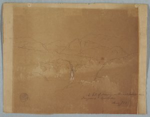 Tegning, bjerglandskab med vandfald, nær Tuquerres, Colombia, august 1853 af Frederic Edwin Church