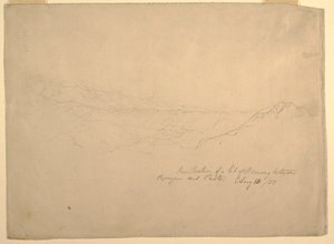 Tegning, bjerglandskab mellem Popayan og Pasto, Colombia, 13. august 1853 af Frederic Edwin Church