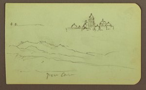 Tegning, Bjerge, Kirke; Bagside: Figurer, Kirke, 1883 af Frederic Edwin Church