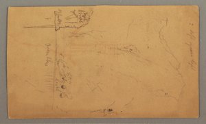 Tegning, Bjerge rejser sig over søen, juli, muligvis 1868 af Frederic Edwin Church