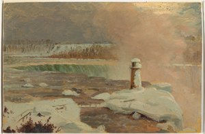 Tegning, Niagara River og vandfald i sne, marts 1856 af Frederic Edwin Church