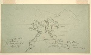 Tegning, del af gammel mur ved Paestum, oliventræer vokser på den, april 1869 af Frederic Edwin Church