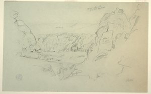 Tegning, Petra, Jordan fra vest, der viser paladset og de korintiske grave, 26. februar 1868 af Frederic Edwin Church