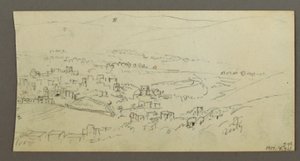 Tegning, bassin og bygninger, muligvis 1868 af Frederic Edwin Church