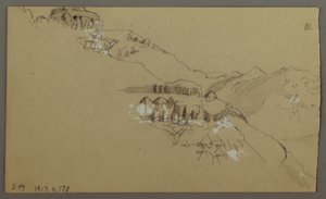 Tegning, højre del af en skitse af El Yemen-dalen, Arabien: Udsigt på afstand, 20. februar 1868 af Frederic Edwin Church