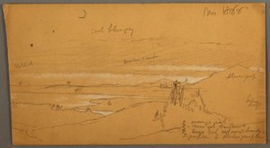Tegning, Flod gennem bjergdal med himmel og halvmåne, november 1866 af Frederic Edwin Church
