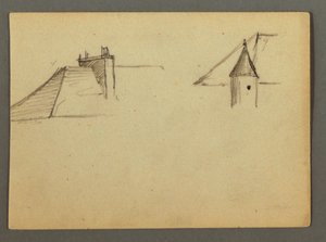 Tegning, tag med skorsten, tårn, muligvis 1868 af Frederic Edwin Church