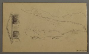 Tegning, hustage, port, bjergtoppe, august 1868 af Frederic Edwin Church