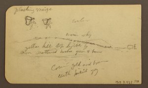 Tegning, Forrevne bjerge på tværs af en slette; bagside: Figurer, landskab, 12. december 1884 af Frederic Edwin Church
