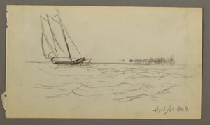 Tegning, Sejlbåd rider på bølger, 1860 af Frederic Edwin Church