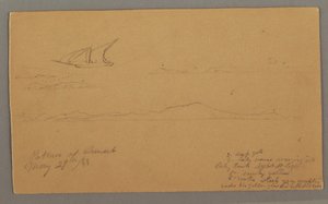 Tegning, sejlskib, bjergkyst, øer, 29. maj 1868 af Frederic Edwin Church