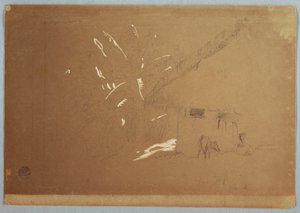 Tegning, siddende kvinde og græssende æsel foran et hus nær Jorje, Ecuador, 23. juni 1857 af Frederic Edwin Church