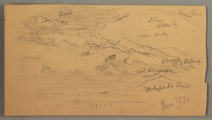 Tegning, skarpe bjergtoppe, overskyet himmel, juni 1874 af Frederic Edwin Church