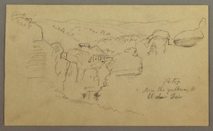 Tegning, skitse. Udsigt over Khirbet en Wasara "Petra / fra vejen til / El Deir", muligvis 1868, 26. februar. af Frederic Edwin Church