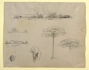Tegning, Skitser fra Colombia: Flodlandskab, mænd på flåder og træer, 1853 af Frederic Edwin Church