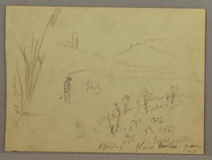 Tegning, Skitser fra Italien: Bygning med tårn, bjerg og menneske, 29. april 1869 af Frederic Edwin Church