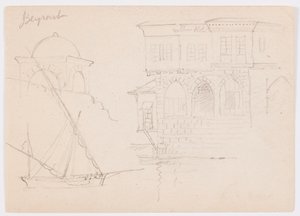 Tegning, Skitser af en kuppelbygning, et skib og et herskabshus, januar 1868 af Frederic Edwin Church