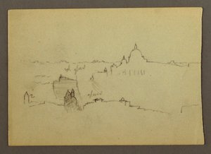 Tegning, Peterskirken set fra nord mod Roms bakker og skyline, januar 1869 af Frederic Edwin Church