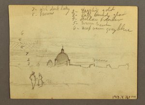 Tegning, Peterskirken og Vatikanstaten (set fra nord), Rom, Italien, januar 1869 af Frederic Edwin Church