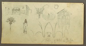 Tegning, Stately Home, figur ridende på kamel, arkitektoniske studier, palmetræ, muligvis 1868 af Frederic Edwin Church