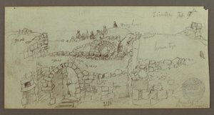 Tegning, stenbygning, mænd samlet på taget, 17. februar, muligvis 1868 af Frederic Edwin Church