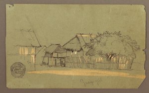 Tegning, gade med huse, Guayaquil, Ecuador, maj 1857 af Frederic Edwin Church