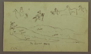Tegning, Studier af figurer på æsler og æsler, figur på bjergkæde, muligvis 1868 af Frederic Edwin Church