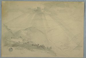 Tegning, solen bryder gennem skyerne over en bjergdal, Jamaica, juli 1865 af Frederic Edwin Church