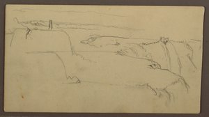 Tegning, Solnedgang over bred med skib, 1858 af Frederic Edwin Church