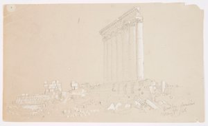 Tegning, Jupiter-templet ved solopgang, Baalbek, 7. maj 1868 af Frederic Edwin Church