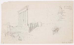 Tegning, Jupiter-templet ved solopgang, Baalbek, 7. maj 1868 af Frederic Edwin Church