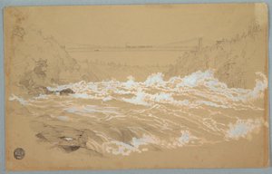 Tegning, Kløften, Niagara, kigger mod hængebroen af Frederic Edwin Church