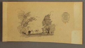 Tegning, Tre køer på en vej i skoven, ca. 1845 af Frederic Edwin Church