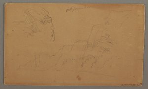 Tegning, træhus, to sejlbåde, tagstudier, muligvis 1868 af Frederic Edwin Church