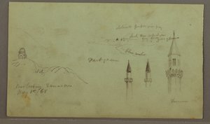 Tegning, Grav på en bakke, tre minareter, 1. maj 1868 af Frederic Edwin Church