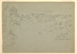 Tegning, tårnet ved Lydda og Ramleh set fra Ramleh-tårnet, Palæstina [Ramleh, Israel], 7. og 10. februar 1868 af Frederic Edwin Church