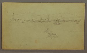 Tegning, By ved kysten, bjergkæde bagved, 27. maj 1868 af Frederic Edwin Church