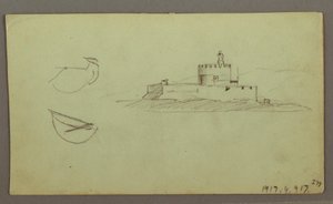 Tegning, By ved kysten, bjergkæde bagved, 27. maj 1868 af Frederic Edwin Church