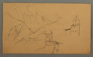 Tegning, To kirker, dal, vandfald, 1868 af Frederic Edwin Church