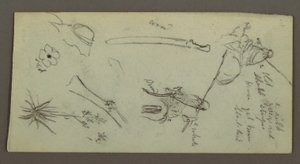 Tegning, To figurer ridende på heste, bærende spyd, sværd, nederste del af en pistol, etc., muligvis 1868 af Frederic Edwin Church