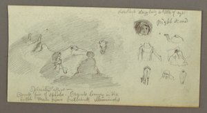 Tegning, To figurer og to kameler ved lejrbål, Figur- og kamelstudier, muligvis 1868 af Frederic Edwin Church